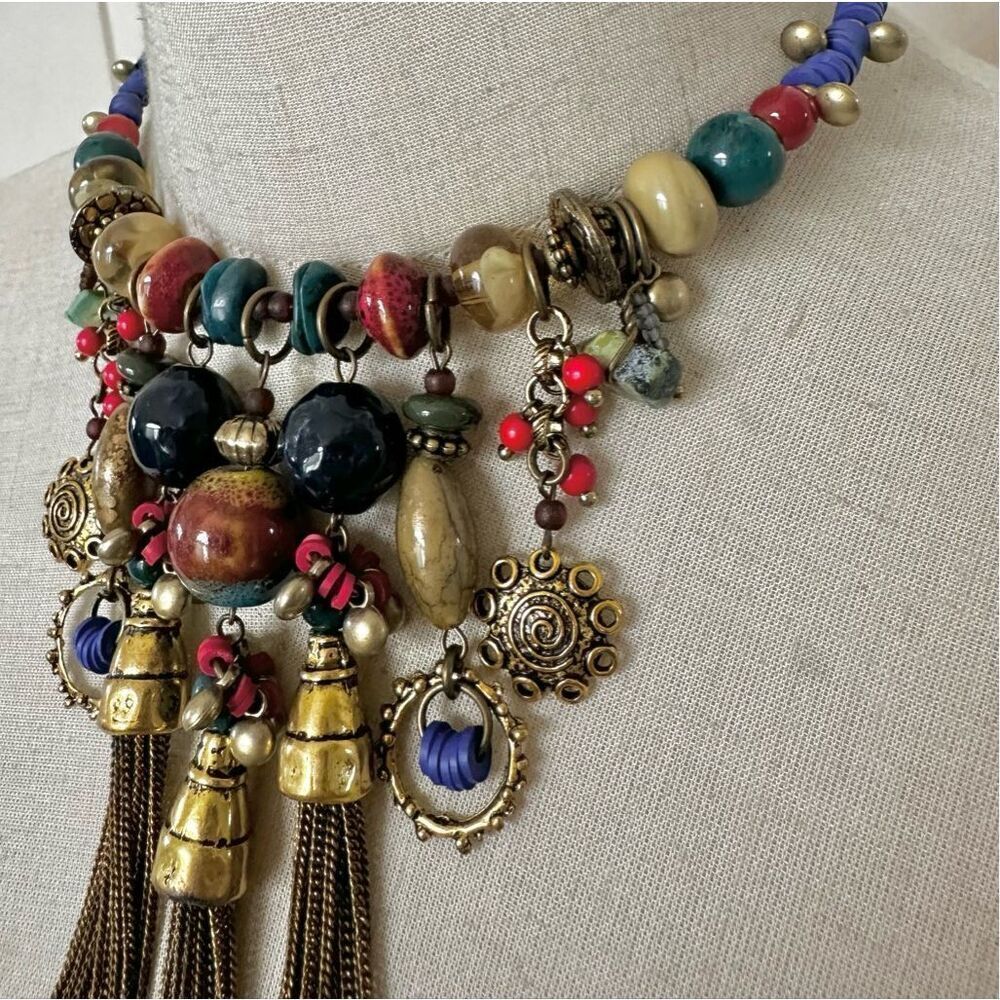 Vintage Treska wrap around beaded chain tassel choker necklace - Picture 4 of 11